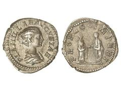 ROMAN COINS: ROMAN EMPIRE Denario. Acuñada el 212 d.C. PLAUTILLA. Anv.: PLAVTILLAE AVGVSTAE. Busto a derecha. Rev.: PROPAGO IMPERI. Caracalla y Plautilla en pie frente a frente, dándose la mano. 3,52 