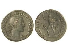 ROMAN COINS: ROMAN EMPIRE Sestercio. Acuñada el 234 d.C. ALEJANDRO SEVERO. Anv.: IMP. ALEXANDER PIVS AVG. Busto laureado a derecha. Rev.: P. M. TR. P. XIII COS. III P. P. S. C. Sol en marcha a izquier