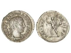 ROMAN COINS: ROMAN EMPIRE Denario. Acuñada el 231-235 d.C. ALEJANDRO SEVERO. Anv.: IMP. ALEXANDER PIVS AVG. Busto laureado a derecha. Rev.: P. M. TR. P. XII COS. III P. P. Sol a izquierda con látigo. 