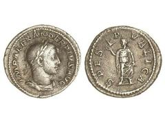 ROMAN COINS: ROMAN EMPIRE Denario. Acuñada el 231-235 d.C. ALEJANDRO SEVERO. Anv.: IMP. ALEXANDER PIVS AVG. Busto laureado a derecha. Rev.: SPES PVBLICA. Esperanza en marcha a izquierda con una flor, 