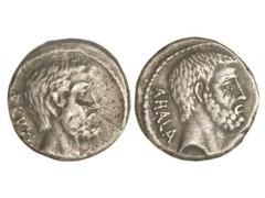 ROMAN COINS: ROMAN REPUBLIC Denario. 54 a.C. JUNIA-30. Q. Caepio Brutus. Anv.: Cabeza de Junius Brutus el Anciano a derecha, detrás BRVTVS. Rev.: Cabeza de Servilius Ahala a derecha, detrás AHALA. 3,9