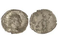 ROMAN COINS: ROMAN EMPIRE Antoniniano. Acuñada el 253 d.C. EMILIANO. Anv.: IMP. AEMILIANVS PIVS FEL. AVG. Busto radiado a derecha. Rev.: PACI AVG. Paz en pie a izquierda apoyada en una columna. 3,10 g