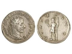ROMAN COINS: ROMAN EMPIRE Antoniniano. Acuñada el 253 d.C. EMILIANO. Anv.: IMP. CAES. AEMILIANVS P. F. AVG. Busto radiado a derecha. Rev.: VIRTVS AVG. Virtud en pie a izquierda. 3,58 grs. AR. (Cantos 