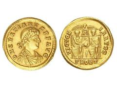 ROMAN COINS: ROMAN EMPIRE Sólido. Acuñada el 367-375 d.C. GRACIANO. TREVERI. 3er taller. Anv.: D. N. GRATIANVS P. F. AVG. Busto a derecha con diadema. Rev.: VICTORIA AVGG. En exergo: TROBT. Graciano y