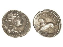 GREEK COINS Dracma. 200 a.C. MASSALIA. Anv.: Busto diademado de Artemisa a derecha. Rev.: León a izquierda, encima MA¶A. 2,63 grs. AR. Pátina. (Raya en anverso). Se-77 var. MBC.