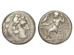 GREEK COINS Dracma. 336-323 a.C. ALEJANDRO MAGNO. MACEDONIA. Anv.: Cabeza de Hércules con piel de león a derecha. Rev.: Zeus entronizado a izquierda, detrás leyenda, delante símbolos. 4,07 grs. AR. Se