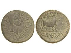 CELTIBERIAN COINS As. ÉPOCA DE AUGUSTO. CELSA. Anv.: COL. V I. CELSA II VIR. Cabeza de Augusto a derecha. Rev.: L. POMPE. BVCCO. L. CORNE. FRONT. Toro a derecha. 13,13 grs. AE. Pátina verde. AB-804. M