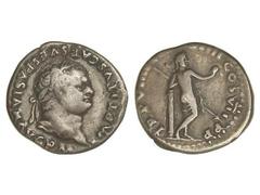 ROMAN COINS: ROMAN EMPIRE Denario. Acuñada el 79-81 d.C. TITO. Anv.: IMP. TITVS. CAES. VESPASIAN. AVG. P. M. Cabeza laureada a derecha. Rev.: TR. P. VIIII (IMP. X)IIII COS. VII P. P. Venus en pie a de