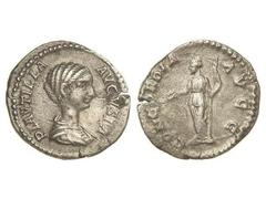 ROMAN COINS: ROMAN EMPIRE Denario. Acuñada el 212 d.C. PLAUTILLA. Anv.: PLAVTILLA AVGVSTA. Busto a derecha. Rev.: CONCORDIA AVGG. Concordia en pie a izquierda. 2,99 grs. (Grieta). C-1. MBC+.