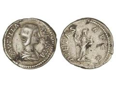 ROMAN COINS: ROMAN EMPIRE Denario. Acuñada el 202-212 d.C. PLAUTILLA. Anv.: PLAVTILLA AVGVSTA. Busto a derecha. Rev.: PIETAS AVGG. Piedad en pie a derecha con cetro y niño en sus brazos. 3,52 grs. (Pe