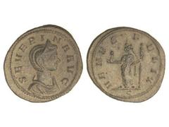 ROMAN COINS: ROMAN EMPIRE Denario. Acuñada el 270-274 d.C. SEVERINA. Anv.: SEVERINA AVG. Busto diademado a derecha. Rev.: VENVS FELIX. Venus en pie a izquierda con cetro y Cupido. 2,38 grs. AE. Pátina