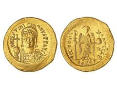 BYZANTINE COINS Sólido. JUSTINIANO I (527-565 d.C.). CONSTANTINOPLA. Anv.: D. N. IVSTINIANVS P. P. AVG. Busto de frente acorazado y con casco. Rev.: VICTORIA AVGGG Z. Ángel en pie de frente. En exergo