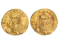 BYZANTINE COINS Sólido. LEÓN III (717-741 d.C.). CONSTANTINOPLA. Anv.: DNO. LEON. P. A. M¶L¶. Busto de León de frente con globo crucífero. Rev.: DN. CONStANtIN¶S M. Busto de Constantino V de frente co