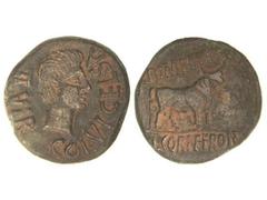 CELTIBERIAN COINS As. CELSE. Anv.: COL. V. I CELSA II VIR. Cabeza de Augusto a derecha. Rev.: L. POMPE. BVCCO L. CORNE. FRONT. Toro a derecha. 13,80 grs. AE. AB-804. MBC+.