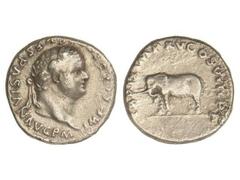 ROMAN COINS: ROMAN EMPIRE Denario. Acuñada el 79-81 d.C. TITO. Anv.: IMP. TITVS CAES. VESPASIAN AVG. P. M. Cabeza laureada a derecha. Rev.: TR. P. IX IMP. XV COS. VIII P. P. Elefante avanzando a izqui
