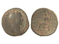 ROMAN COINS: ROMAN EMPIRE Sestercio. Acuñada el 222-231 d.C. ALEJANDRO SEVERO. Anv.: IMP. SEV. ALEXANDRE AVG. Busto laureado a derecha. Rev.: IVSTITIA AVGVSTI S. C. Justicia sentada a izquierda con pá