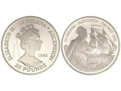WORLD COINS: SAINT HELENA AND ASCENSION 25 Libras. 1986. 155 grs. AR. 165 aniversario Muerte de Napoleón. (Rayas en anverso). KM-9. PROOF.