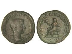 ROMAN COINS: ROMAN EMPIRE Sestercio. Acuñada el 250-251 d.C. HOSTILIANO. Anv.: C. VALENS. HOSTIL. MES. QVINVS N. C. Cabeza descubierta a derecha. Rev.: PRINCIPI IVVENTVTIS S.C. Apolo sentado a izquier