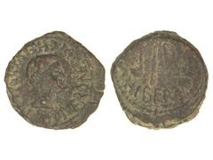 CELTIBERIAN COINS Semis. ÉPOCA DE AUGUSTO. CARTAGONOVA. Anv.: HELVI. POLLI. PR. TI. NERONE. QVINQ. Cabeza de Tiberio a derecha. Rev.: (PRAEF.) HIBERO. Atributos sacerdotales. 5,85 grs. AE. Pátina verd