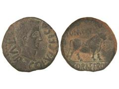 CELTIBERIAN COINS As. ÉPOCA DE AUGUSTO. CELSA. Anv.: COl. V. I. CELSA II VIR. Cabeza de Augusto a derecha. Rev.: L. POMPE (BVCCO) L. CORNE. FRONT. Toro a derecha. 11,26 grs. AE. Pátina oscura. AB-804.