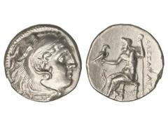 GREEK COINS Dracma. 336-323 a.C. ALEJANDRO MAGNO. MACEDONIA. Anv.: Cabeza de Hércules con piel de león a derecha. Rev.: Zeus entronizado a izquierda, detrás leyenda, delante símbolo. 4,01 grs. AR. Mül