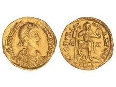 ROMAN COINS: ROMAN EMPIRE Sólido. Acuñada el 425-455 d.C. VALENTINIANO III. ROMA. Anv.: D. N. PLA. VALENTINIANVS P. F. AVG. Busto con diadema a derecha. Rev.: VICTORIA AVGGG.; en el campo R.M. En exer