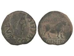 CELTIBERIAN COINS As. ÉPOCA DE AUGUSTO. CELSA. Anv.: COL. V I. CELSA II VIR. Cabeza de Augusto a derecha. Rev.: L. POMPE (BVCCO) L. CORNE. FRO(NT.). Toro a derecha. 11,26 grs. AE. Pátina oscura. AB-80