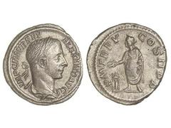 ROMAN COINS: ROMAN EMPIRE Denario. Acuñada el 226 d.C. ALEJANDRO SEVERO. Anv.: IMP. C. M. AVR. SEV. ALEXAND. AVG. Busto laureado a derecha. Rev.: P. M. TR. P. V COS. II P. P. Alejandro Severo en pie a