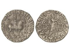 Tetradracma. 5 a.C.-20 d.C. ABDAGASES. DINASTÍA GONDOPHARES. REINO INDO-PARTO. Anv.: Jinete a caballo a derecha, alrededor leyenda. Rev.: Figura en pie a derecha, a los lados monogramas, alrededor ley