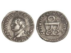 Denario. Acuñada el 79-80 d.C. TITO. Anv.: IMP. TITVS CAES. VESPASIAN AVG. P. M. Cabeza laureada a izquierda. Rev.: TR. P. IX IMP. XV COS. VIII P. P. Guirnalda y silla curul. 3,21 grs. AR. C-319. MBC.