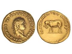 Áureo. Acuñada el 80 d.C. TITO. Anv.: IMP. TITVS CAES. VESPASIAN. AVG. P. M. Cabeza laureada de Tito a derecha. Rev.: TR. P. IX IMP. XV COS. VIII P. P. Elefante hembra a izquierda. 7,18 grs. AU. MUY E