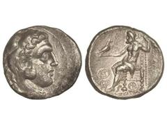 Tetradracma. 294-288 a.C. DEMETRIOS POLIORKETES. MACEDONIA. Anv.: Cabeza de Hércules con piel de león a derecha. Rev.: Zeus entronizado a izquierda, detrás leyenda, delante y debajo la silla monograma