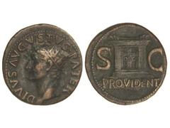 Dupondio. Acuñada el 22 d.C. AUGUSTO. Anv.: DIVVS AVGVSTVS PATER. Cabeza radiada a izquierda. Rev.: PROVIDENT. S. C. Altar. 11,22 grs. AE. Restitución de Tiberio. Pátina oscura. (Ligera oxidación). C-