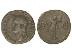 Dupondio. Acuñada el 27-12 a.C. AGRIPPA. Anv.: M. AGRIPPA L. F. COS. III. Cabeza a izquierda con corona rostral. Rev.: S. C. Neptuno en pie con tridente y delfín. 10,43 grs. AE. Pátina oscura. C-3. MB