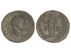 Dupondio. Acuñada el 74 d.C. VESPASIANO. Anv.: IMP. CAES. VESP. AVG. P. M. T. P. COS. V CENS. Cabeza radiada a derecha. Rev.: FELICITAS PVBLICA S. C. Felicidad en pie a izquierda con caduceo y cornuco