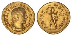 ROMAN COINS: ROMAN EMPIRE Áureo. Acuñada el 233 d.C. ALEJANDRO SEVERO. Anv.: IMP. ALEXANDER PIVS AVG. Busto laureado y drapeado a derecha. Rev.: P. M. TR. P. XII COS. III P. P. Sol radiado caminando a