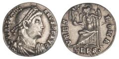 ROMAN COINS: ROMAN EMPIRE Siliqua. Acuñada el 364-367 d.C. VALENTINIANO I. TREVERI. Anv.: D. N. VALENTINIANVS P. F. AVG. Busto con diadema a derecha. Rev.: VRBS ROMA. En exergo: TRPS. Roma sentada a i