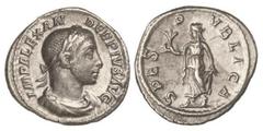 ROMAN COINS: ROMAN EMPIRE Denario. Acuñada el 231-235 d.C. ALEJANDRO SEVERO. Anv.: IMP. ALEXANDER PIVS AVG. Busto laureado a derecha. Rev.: SPES PVBLICA. Esperanza en marcha a izquierda con una flor, 