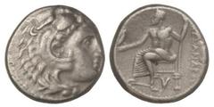 GREEK COINS Dracma. 336-323 a.C. ALEJANDRO MAGNO. SARDES. Anv.: Cabeza de Hércules con piel de león a derecha. Rev.: Zeus entronizado a izquierda, E¶I delante, cabeza de león debajo. 4,24 grs. AR. Pri