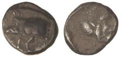 GREEK COINS Tetartemorion. 480 a .C. MISIA. CYZICOS. Anv.: Parte delante del jabalí a izquierda. Rev.: Cabeza de león a izquierda. 0,40 grs. AR. SNG France-375. MBC/MBC-.