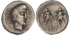 ROMAN COINS: ROMAN REPUBLIC Denario. 89 a.C. TITURIA-3. L. Titurius L. f. Sabinus. Anv.: Cabeza del rey Tatius a derecha, delante una palma y A. PV., detrás SABIN. Rev.: Dos guerreros romanos con dos 