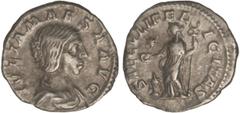 ROMAN COINS: ROMAN EMPIRE Denario. Acuñada el 223 d.C. JULIA MAESA. Anv.: IVLIA MAESA AVG. Busto a derecha. Rev.: SAECVLI FELICITAS. Felicidad en pie a izquierda con pátera y caduceo, a sus pies altar