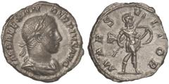 ROMAN COINS: ROMAN EMPIRE Denario. Acuñada el 231-235 d.C. ALEJANDRO SEVERO. Anv.: IMP. ALEXANDER PIVS AVG. Busto laureado a derecha. Rev.: MARS VLTOR. Marte en marcha a derecha con lanza y escudo. 3,