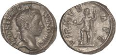 ROMAN COINS: ROMAN EMPIRE Denario. Acuñada el 228-231 d.C. ALEJANDRO SEVERO. Anv.: IMP. SEV. ALEXAND. AVG. Busto laureado a derecha. Rev.: VIRTVS AVG. Alejandro Severo en pie a izquierda con globo y l