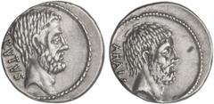 ROMAN COINS: ROMAN REPUBLIC Denario. 54 a.C. JUNIA-30. Q. Caepio Brutus. Anv.: Cabeza de Junius Brutus el Anciano a derecha, detrás BRVTVS. Rev.: Cabeza de Servilius Ahala a derecha, detrás AHALA. 3,9