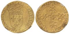 WORLD COINS: FRANCE 1 Ecu d´Or. 1567-H. CARLOS IX. LA ROCHELLE. AU. Punto debajo la 9ª letra. Fecha en números romanos. Encapsulada por NGC (nº 3975570-003) como MS 63. ESCASA. Dup-1057; Fr-378. EBC+.
