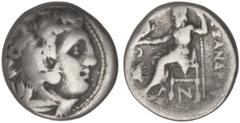 GREEK COINS Dracma. 336-323 a.C. ALEJANDRO MAGNO. CARDIA. Anv.: Cabeza de Hércules con piel de león a derecha. Rev.: Zeus entronizado a izquierda, detrás leyenda, delante cabeza de león y creciente, d