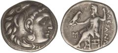 GREEK COINS Dracma. 336-323 a.C. ALEJANDRO MAGNO. INCIERTA. Anv.: Cabeza de Hércules con piel de león a derecha. Rev.: Zeus entronizado a izquierda, detrás leyenda, delante M, debajo la silla I. 4,18 