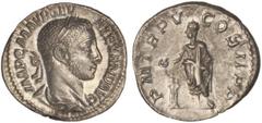 ROMAN COINS: ROMAN EMPIRE Denario. Acuñada el 226 d.C. ALEJANDRO SEVERO. Anv.: IMP. C. M. AVR. SEV. ALEXAND. AVG. Busto laureado a derecha. Rev.: P. M. TR. P. V COS. II P. P. Alejandro Severo en pie a