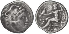 GREEK COINS Dracma. 336-323 a.C. ALEJANDRO MAGNO. MACEDONIA. Anv.: Cabeza de Hércules con piel de león a derecha. Rev.: Zeus entronizado a izquierda, detrás leyenda, delante ME, debajo de la silla hoj